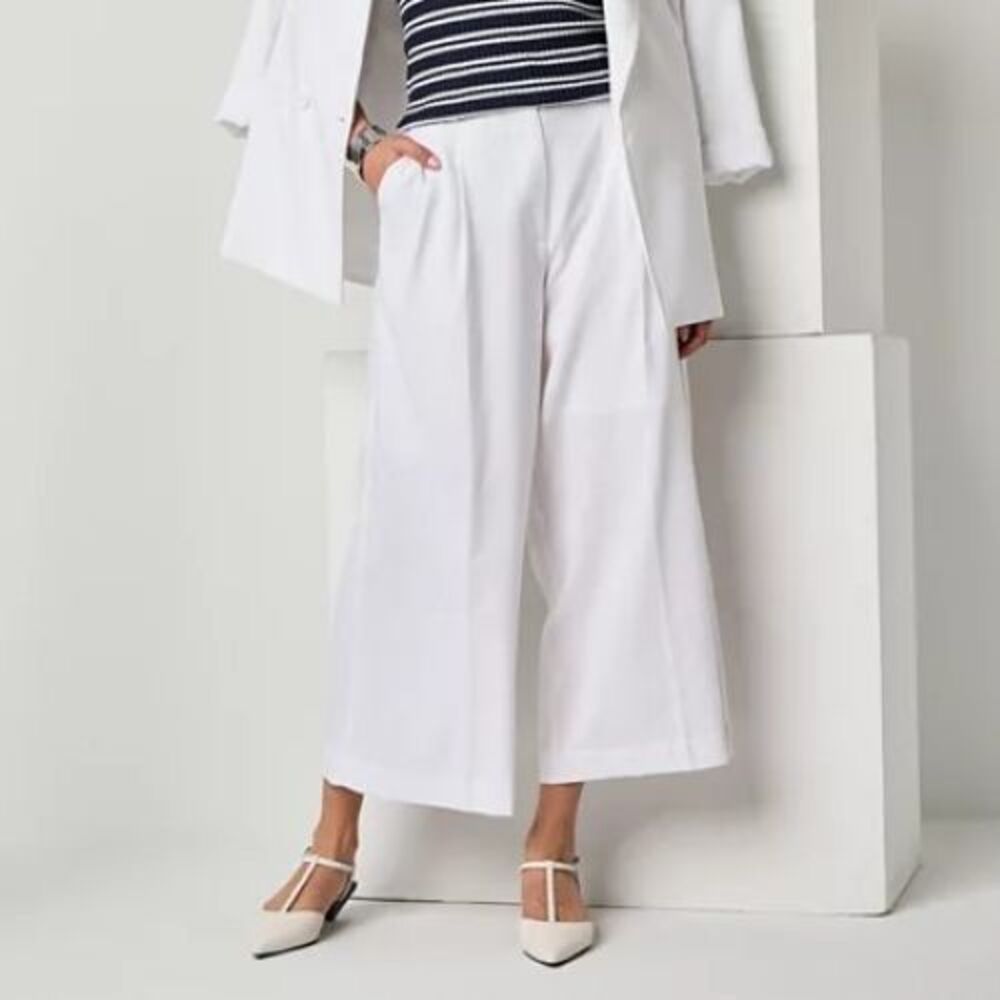 Worthington Relaxed Wide Leg Cropped Dress Pants Women 14 White Linen PleatedNEW